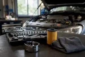 Car maintenance tools and dashboard detail
