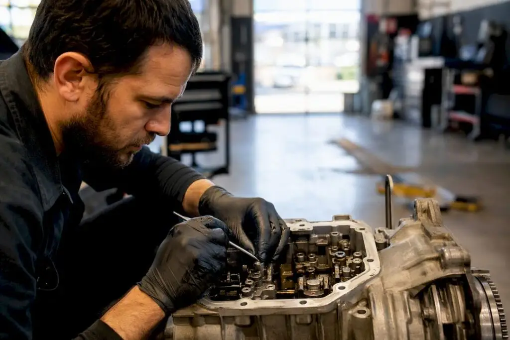Technician inspecting repaired car part closely