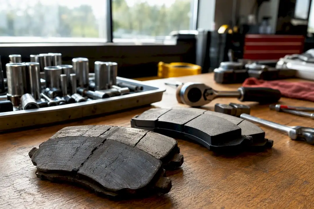 Worn brake pads with maintenance tools on workbench