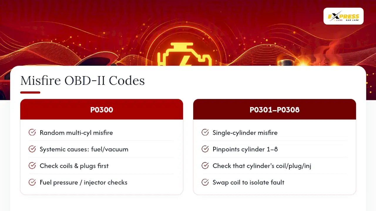 Diagram showing misfire codes and affected cylinders