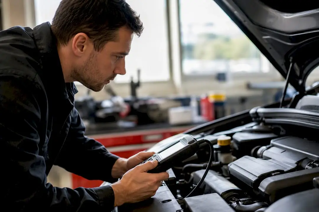 Hands using OBD-II scanner under dashboard