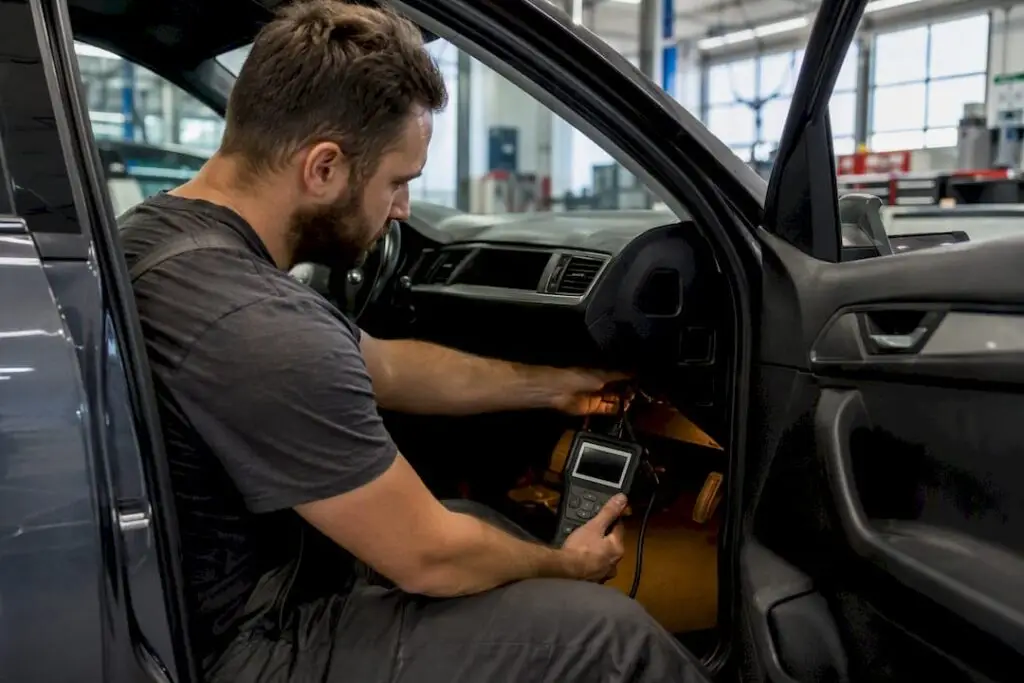 Technician using OBD-II scanner in repair shop
