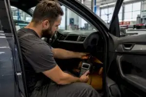 Technician using OBD-II scanner in repair shop
