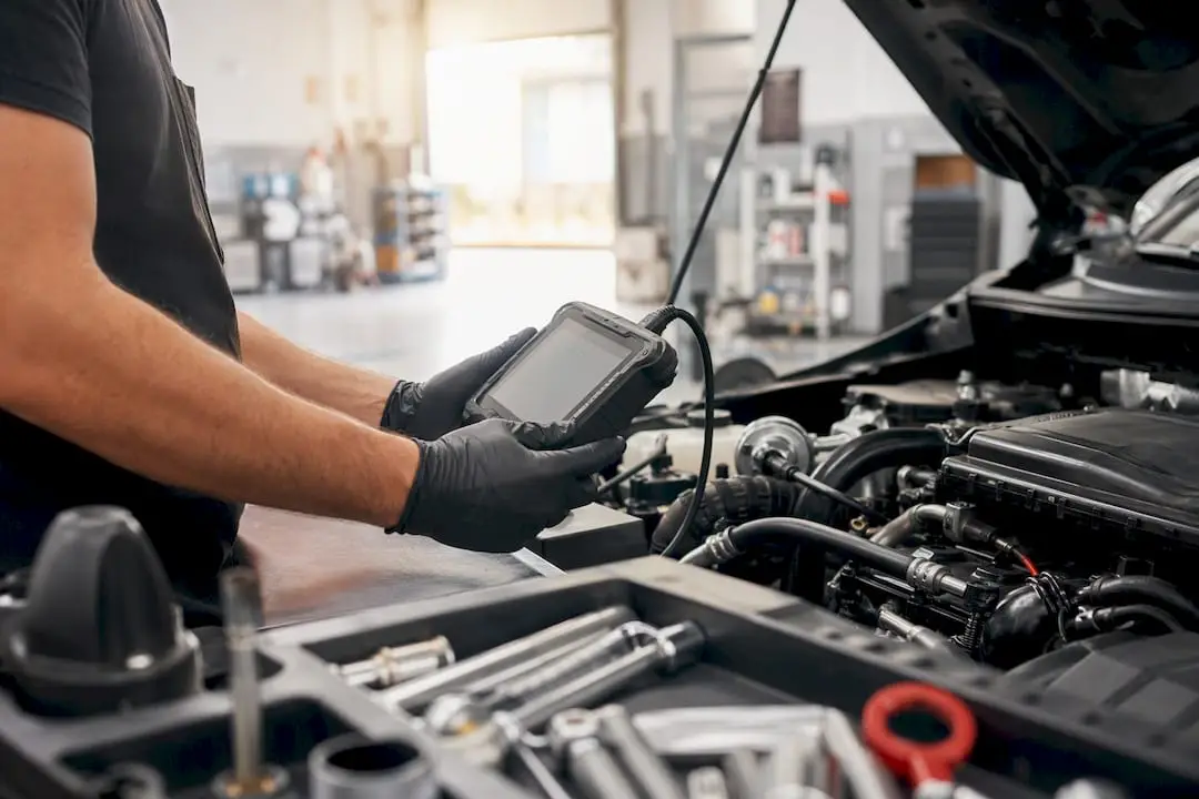Technician holding diagnostic tool near engine bay