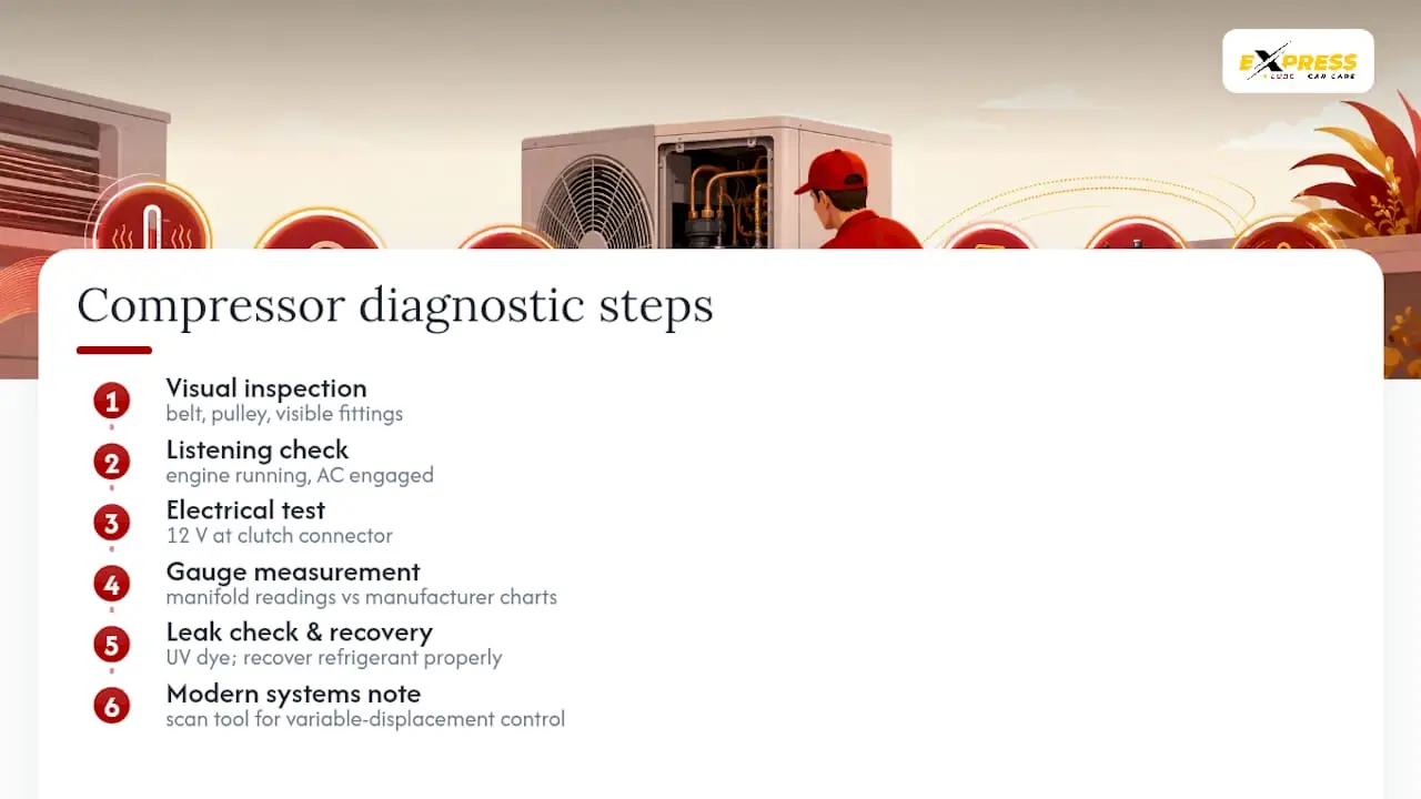 Diagram of steps to diagnose failing car AC compressor