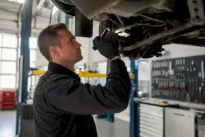 Technician inspecting fleet vehicle undercarriage