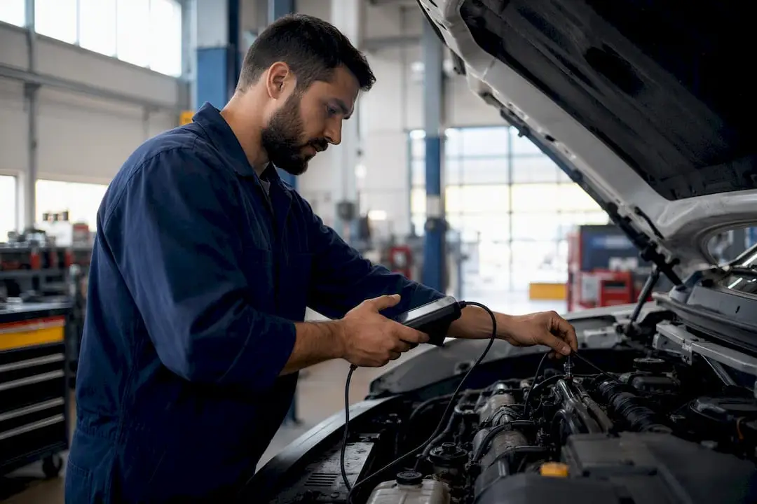 Technician performing vehicle engine diagnostic test