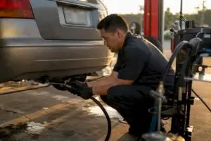 Technician performing car emissions inspection in Texas bay