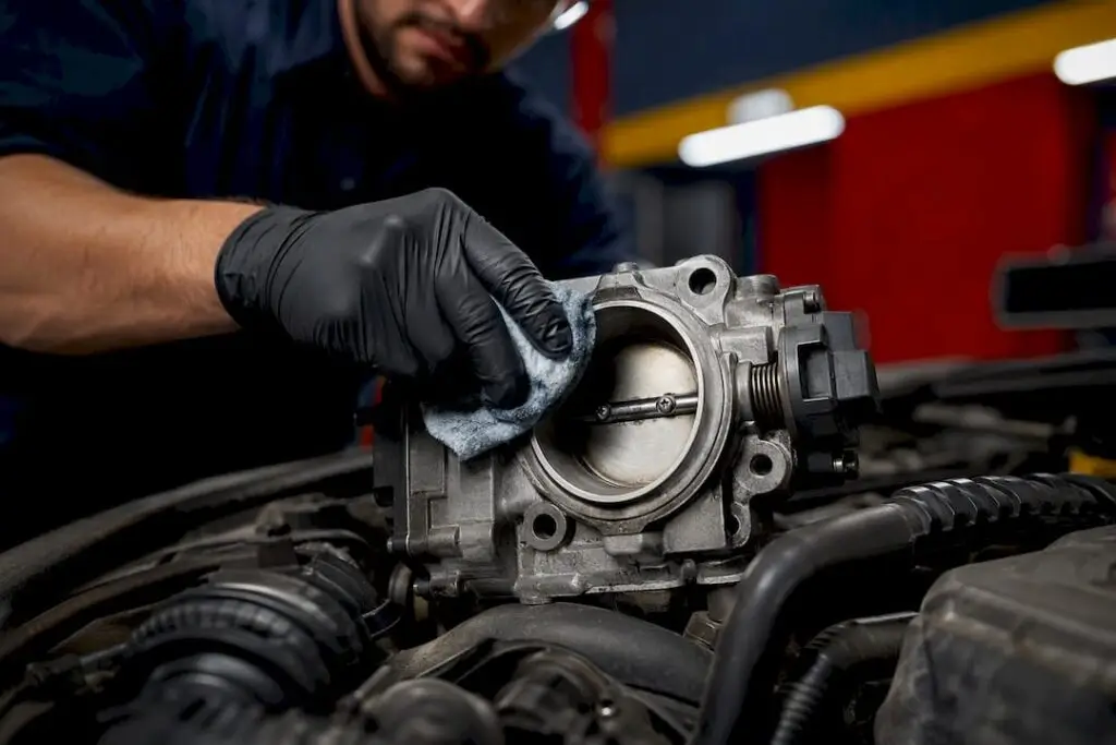 Technician cleaning an exposed throttle body