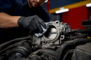 Technician cleaning an exposed throttle body