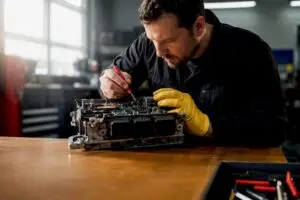 Technician inspecting engine component during training