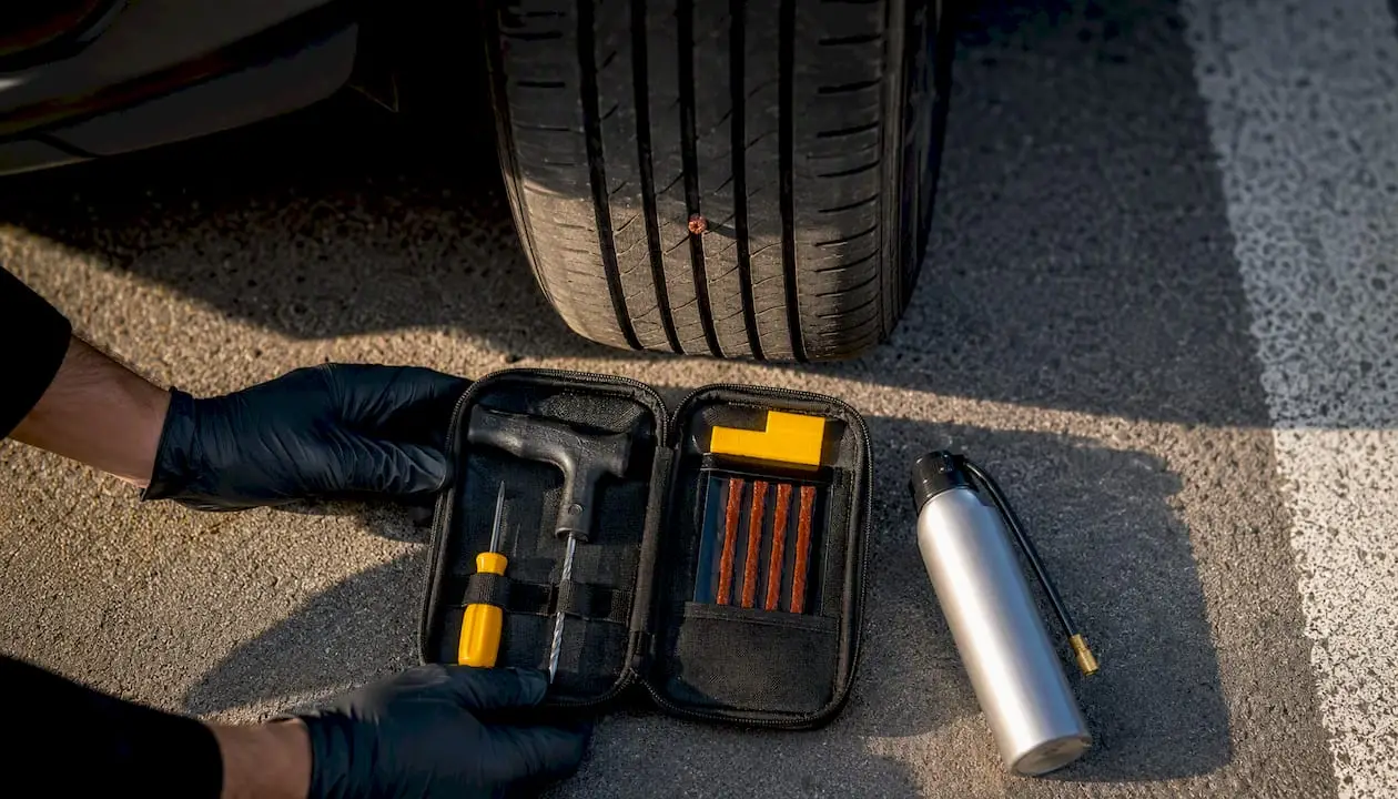 Temporary tire plug kit beside puncture