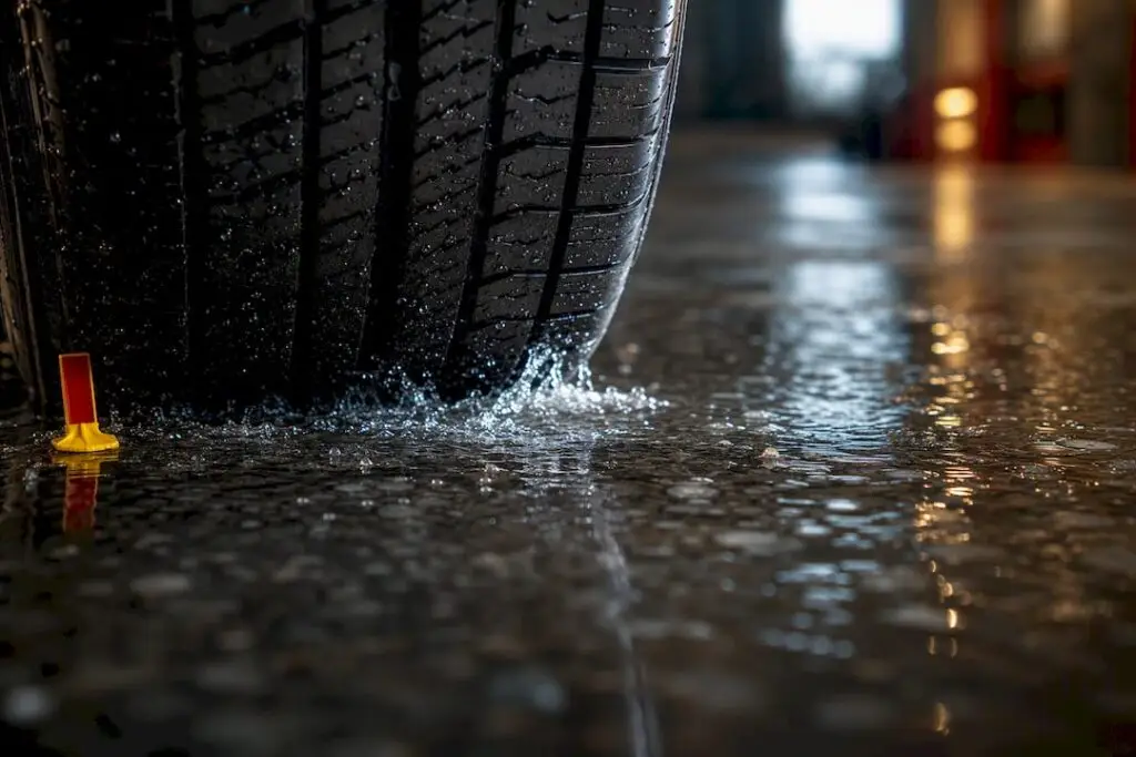 Tire tread dispersing water on pavement