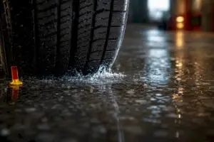 Tire tread dispersing water on pavement