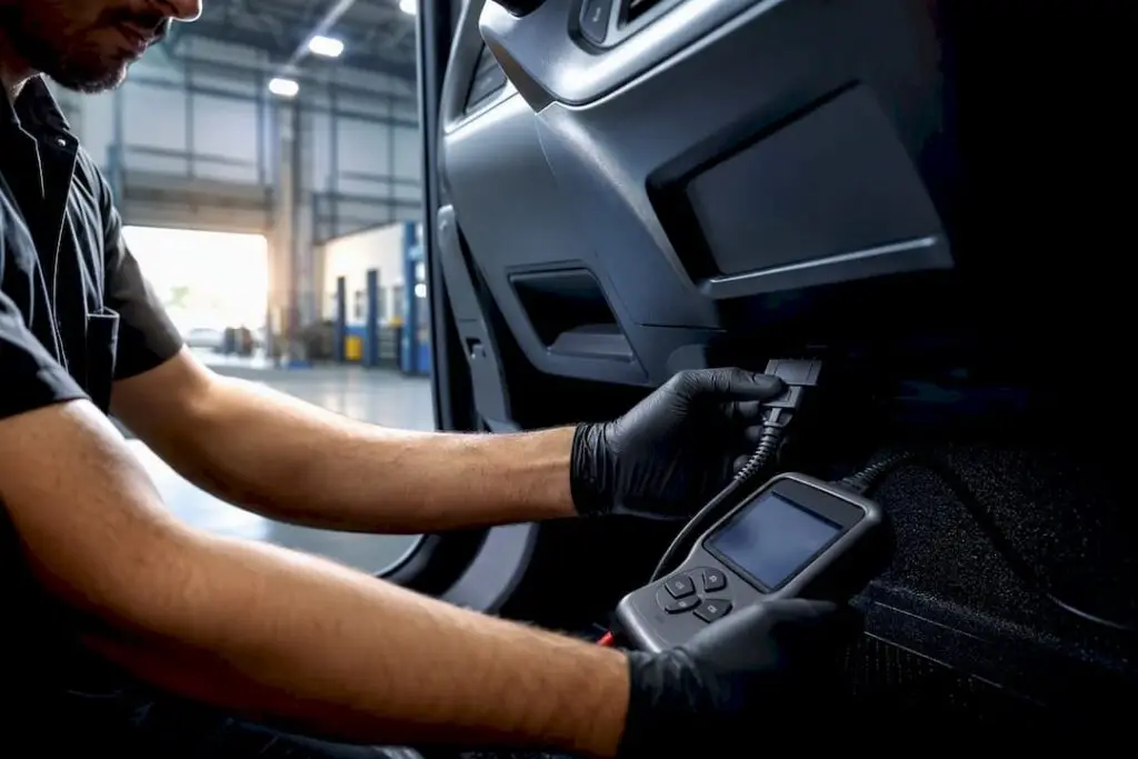 Technician performing vehicle inspection diagnostic check