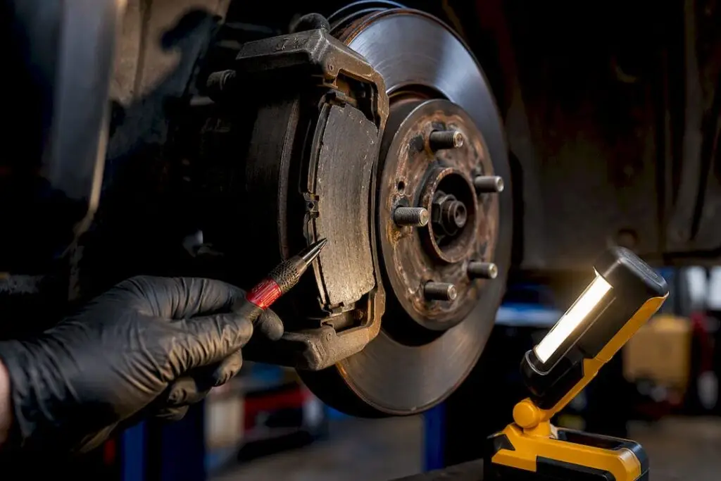 Worn brake pad beside rotor in service bay