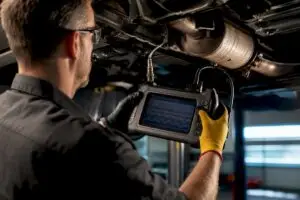 Technician reviewing oxygen sensor diagnostic graph