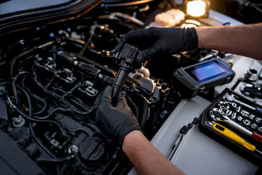 Technician inspecting ignition coil in engine bay