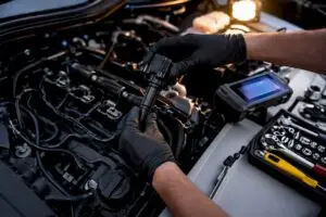 Technician inspecting ignition coil in engine bay
