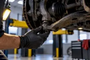 Technician inspecting a vehicle ball joint
