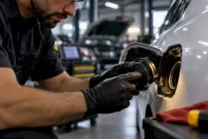Technician inspecting EVAP fuel cap seal