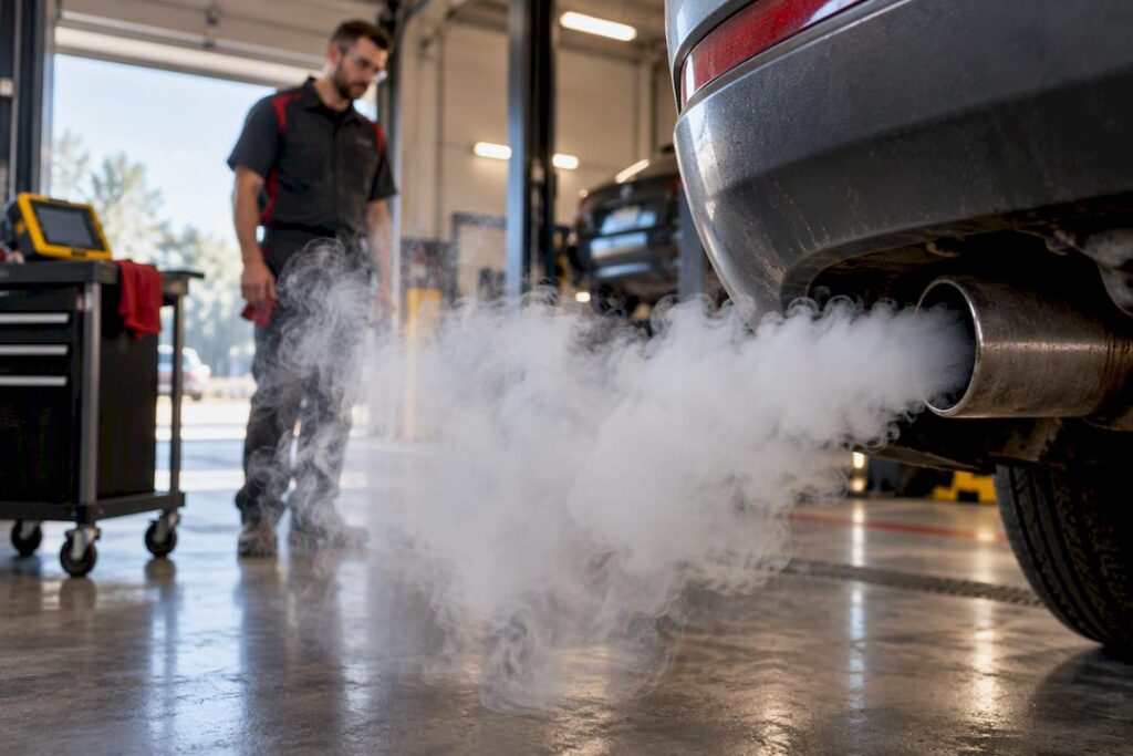White smoke emerging from an anonymous exhaust