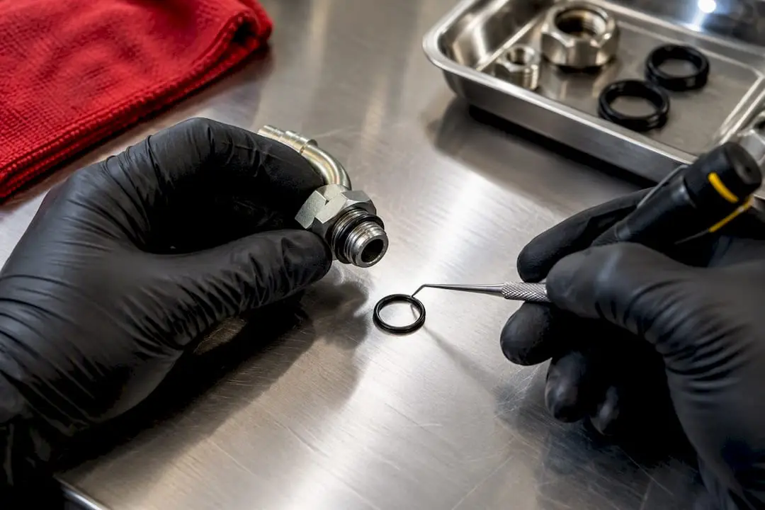 Mechanic inspecting power steering fitting O-ring