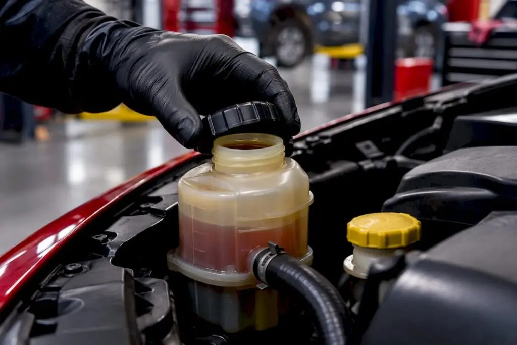 Technician inspecting low power steering fluid