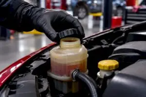 Technician inspecting low power steering fluid