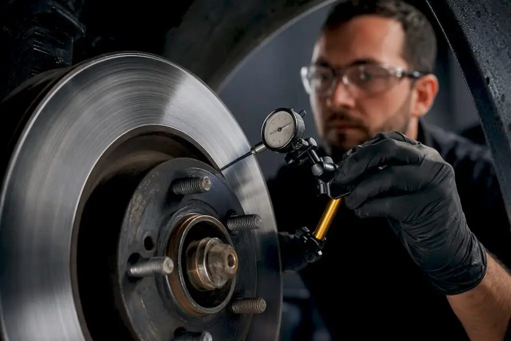 Technician inspecting brake rotor variation