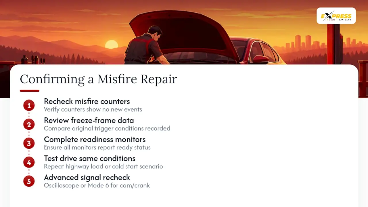 Four-step misfire repair verification process