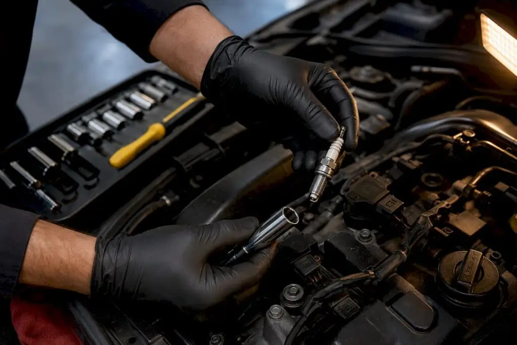 Technician inspecting a modern spark plug
