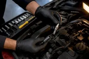 Technician inspecting a modern spark plug