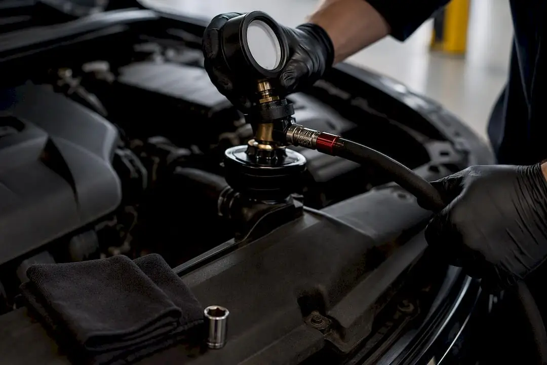Technician performing cooling system pressure test