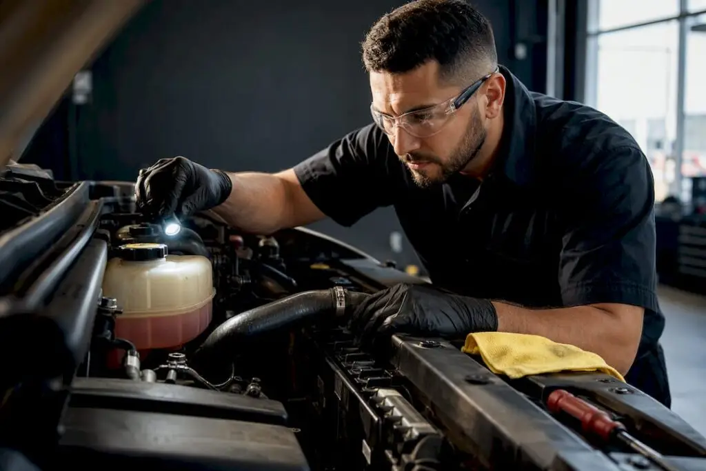 Technician inspecting vehicle cooling system