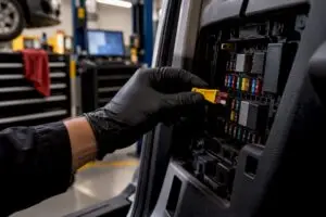 Technician inspecting an automotive fuse panel