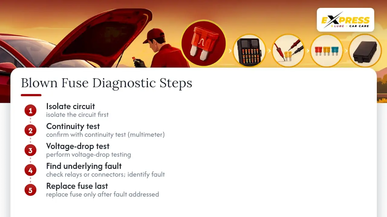 Five-step blown fuse diagnostic process