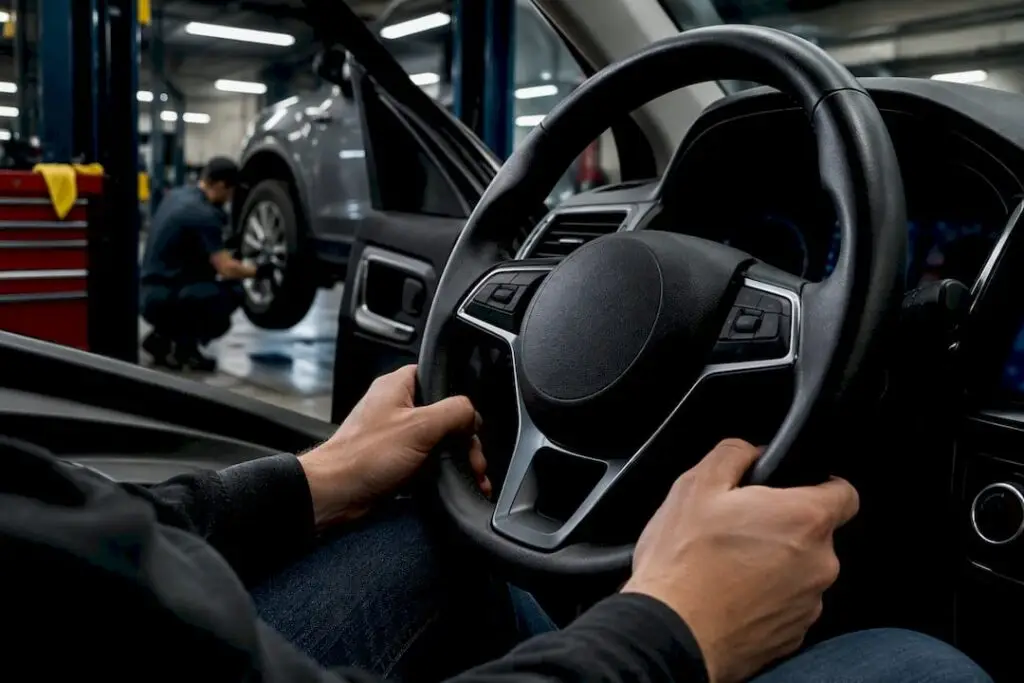 Technician diagnosing steering wheel vibration