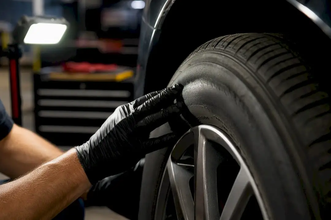 Technician examining a bulged tire sidewall