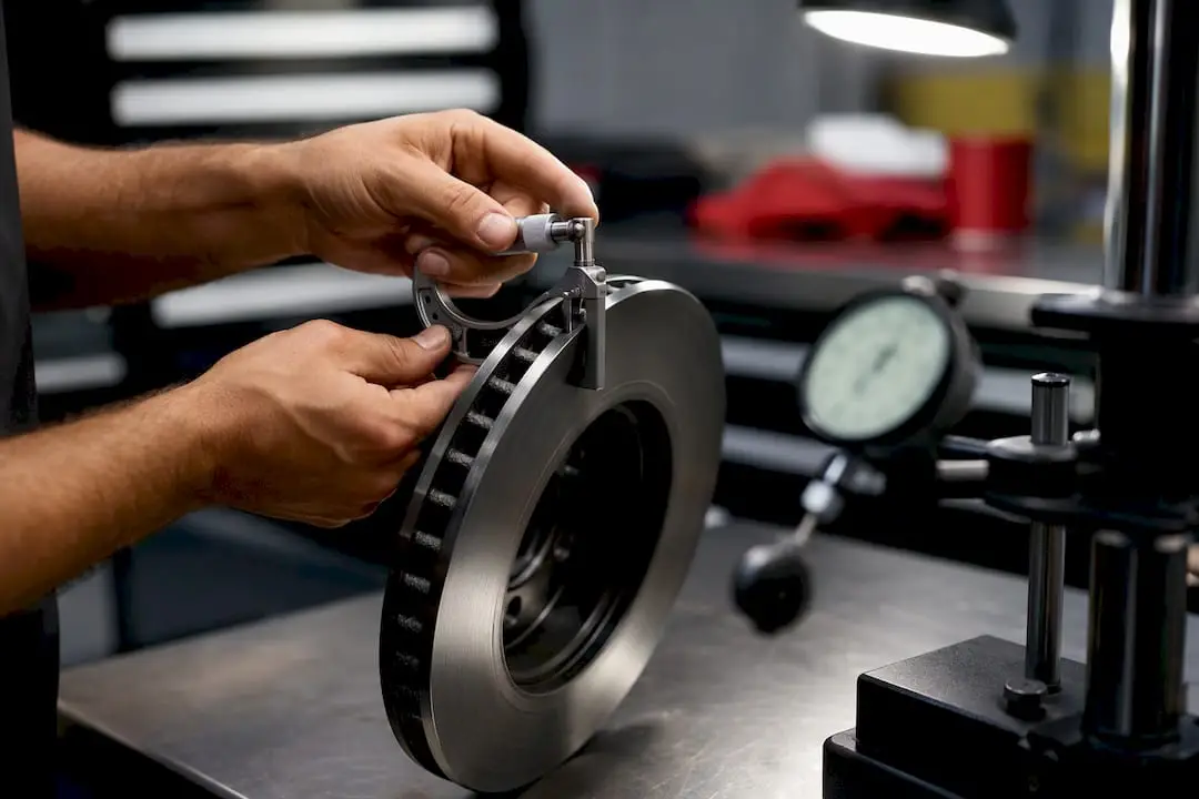 Technician measuring brake rotor thickness