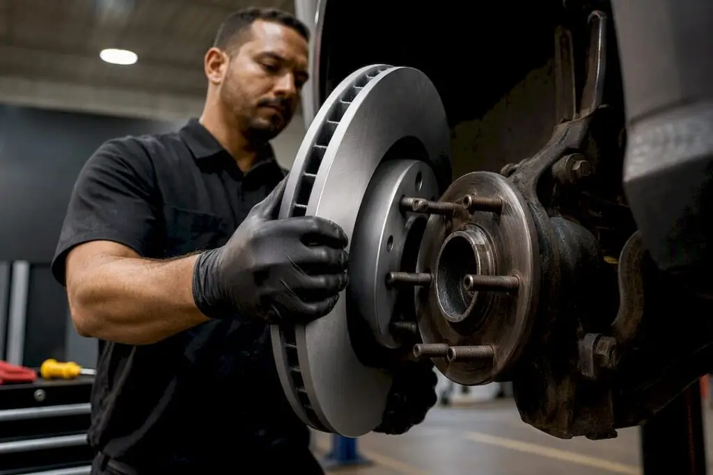 Technician installing brake rotor on wheel hub