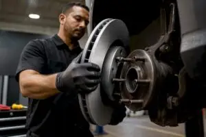 Technician installing brake rotor on wheel hub