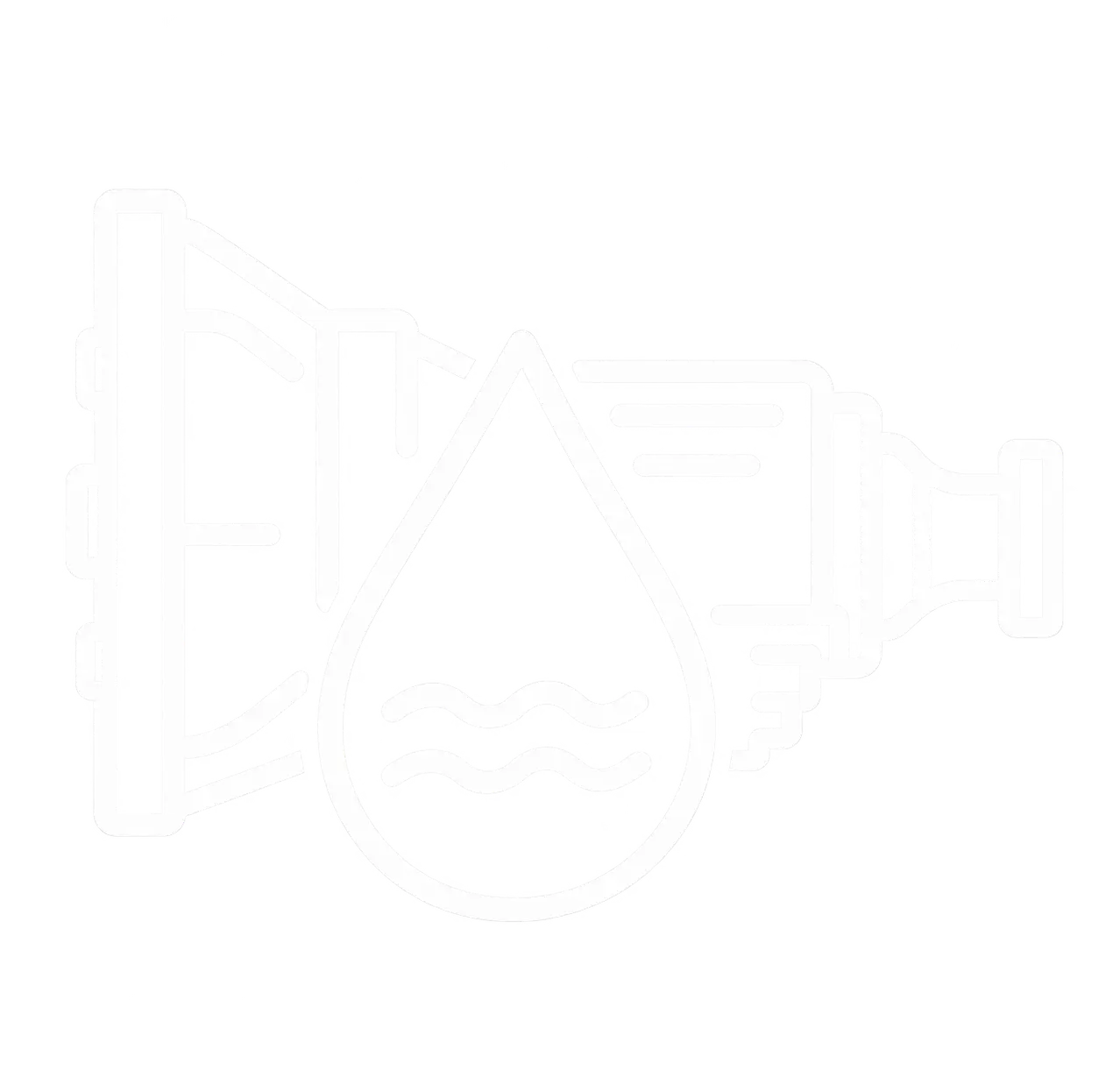 Distressed white outdoor adventure icon with mountain, river, bridge, and camper