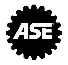White ASE logo on black background