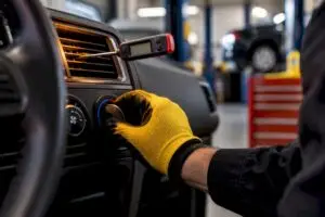 Technician checking vehicle heater airflow