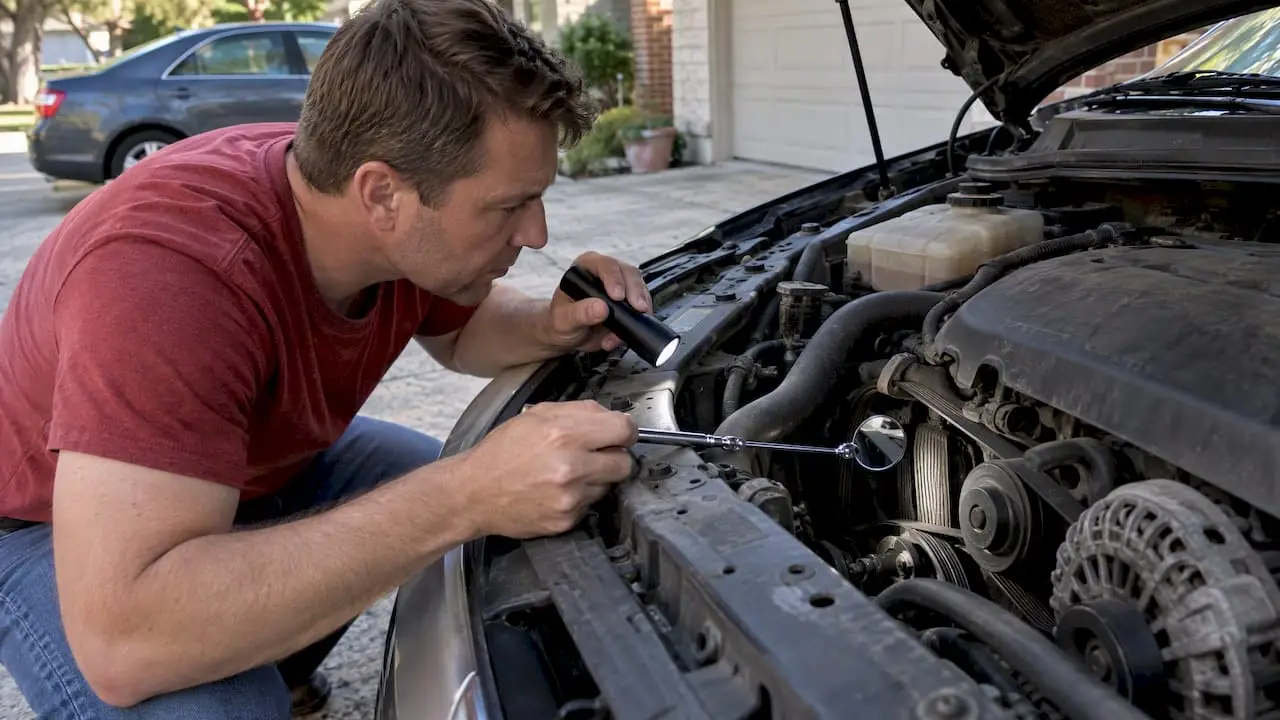 Car owner checking belt with flashlight and mirror