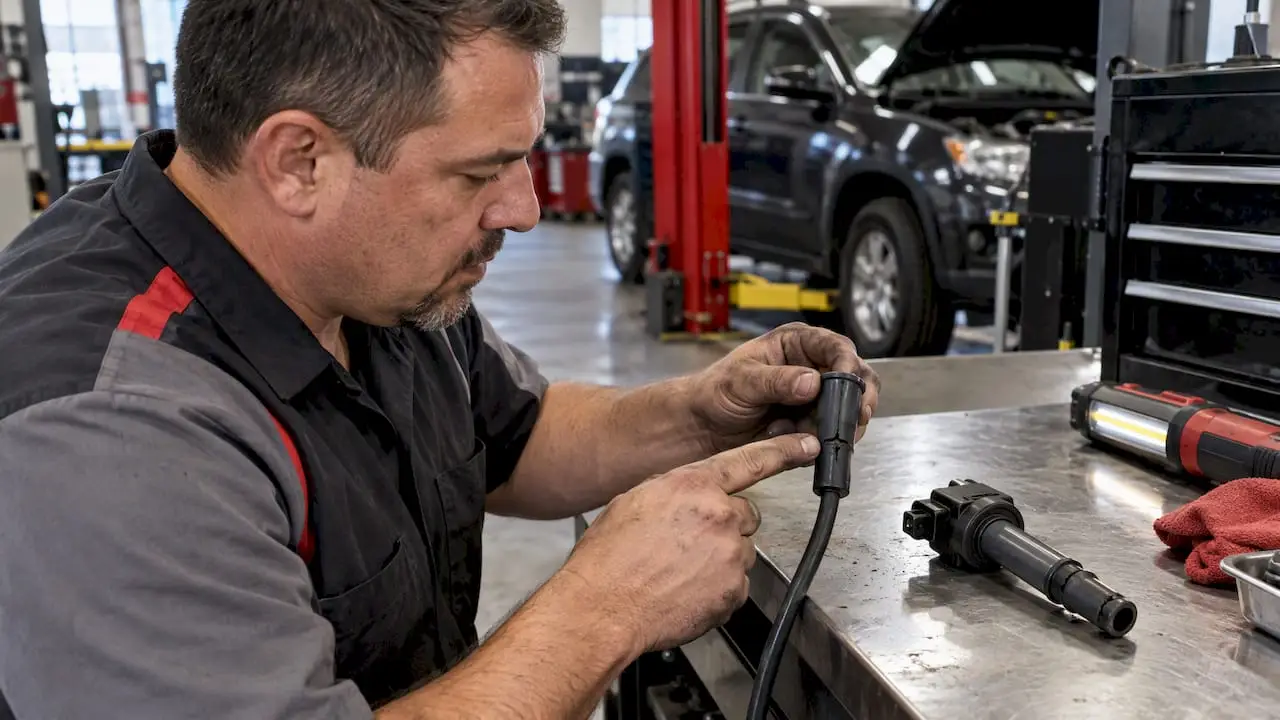 Technician inspecting spark plug wire and ignition coil