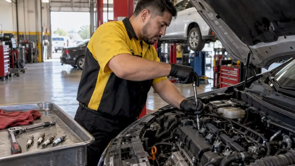 Technician replacing spark plug in repair bay