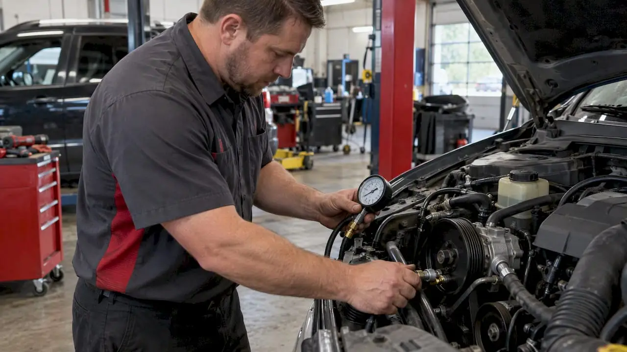 Technician testing power steering pressure