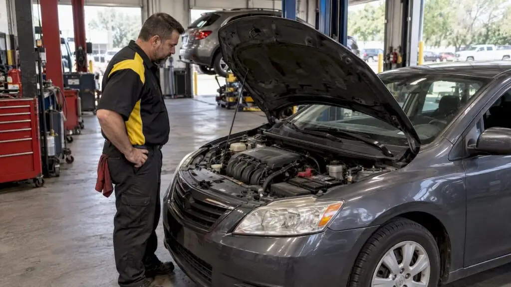 Technician inspecting a vehicle with rough idle